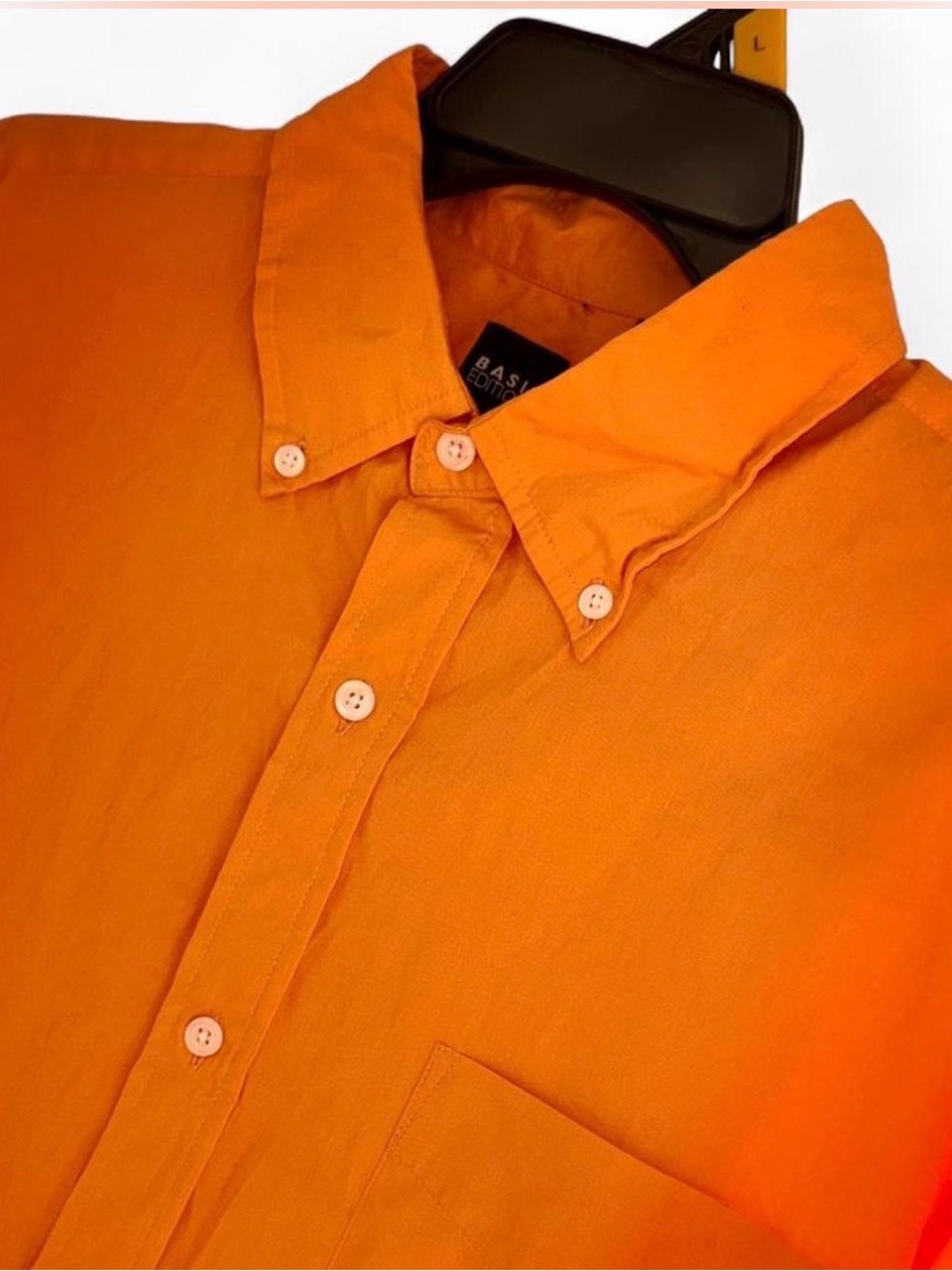 Basic Editions Mens L Large Shirt Orange Cotton Short Sleeve Button Down Pocket